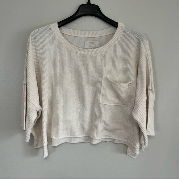 Simply Southern Tops - 🌾 Simply Southern Ivory Ribbed Pocket Tee – Oversized Cropped Top L